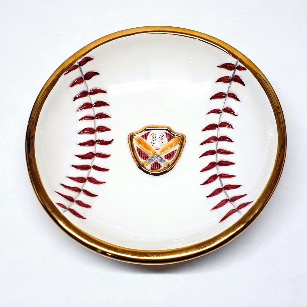 Baseball Ceramic Trinket Dish Plate Gold Gilt 5" Raised Stitch Design READ